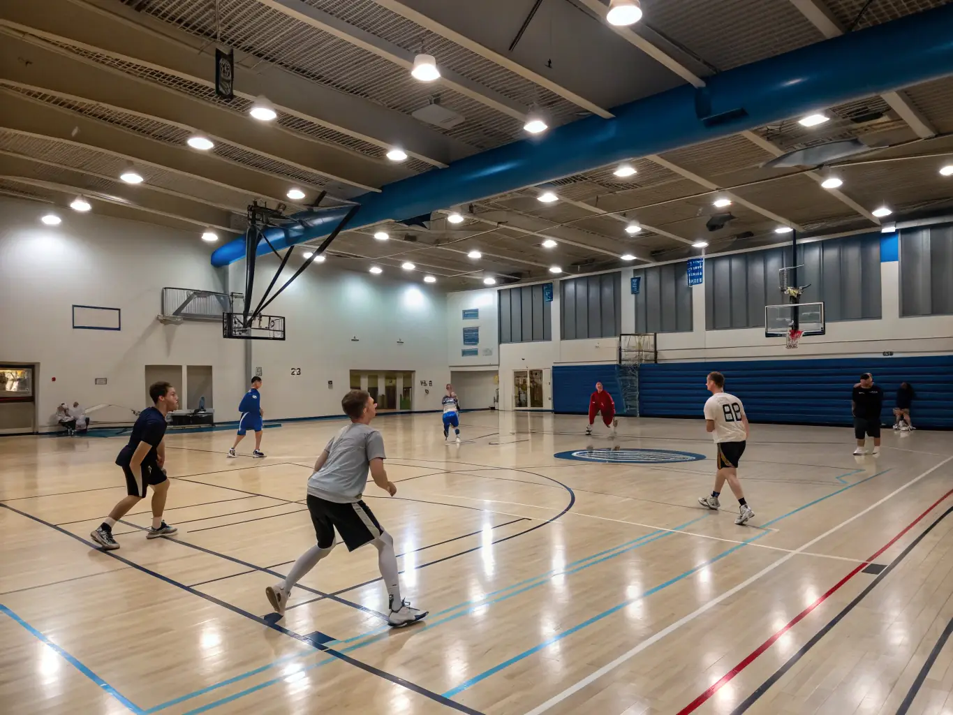 A group of diverse individuals participating in a friendly basketball game at an indoor court, showcasing teamwork and inclusivity.