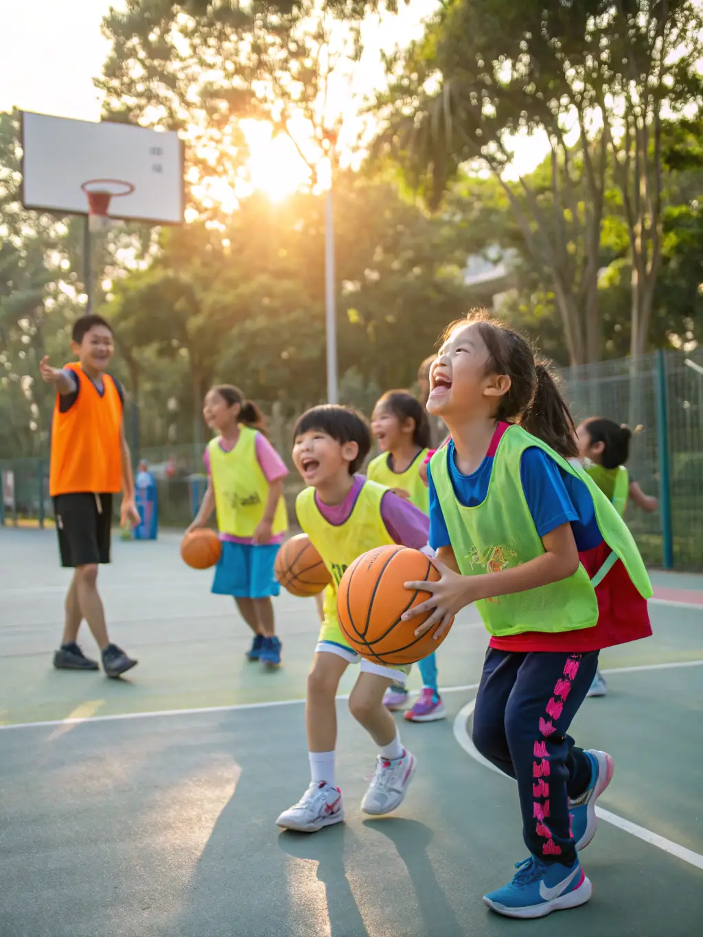 A group of children of varying abilities playing basketball together, emphasizing the inclusive nature of the sports program at BRIVE FORM'CLUB.