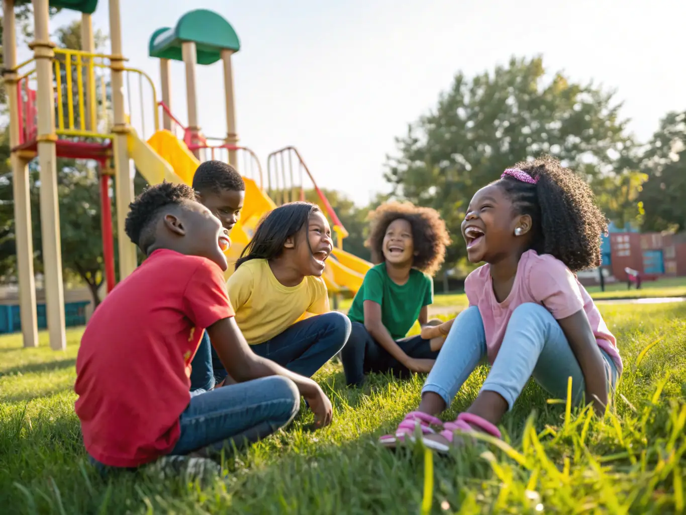 Children of various backgrounds playing recreational games in a park, emphasizing fun, physical activity, and social interaction.