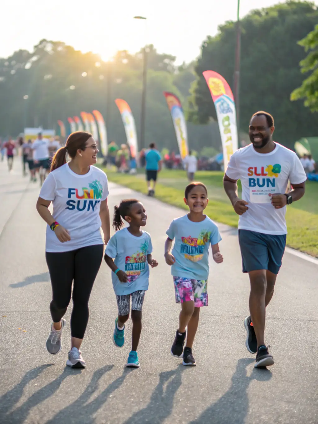 A family participating in a fun run event, showcasing community engagement and healthy family activities organized by BRIVE FORM'CLUB.