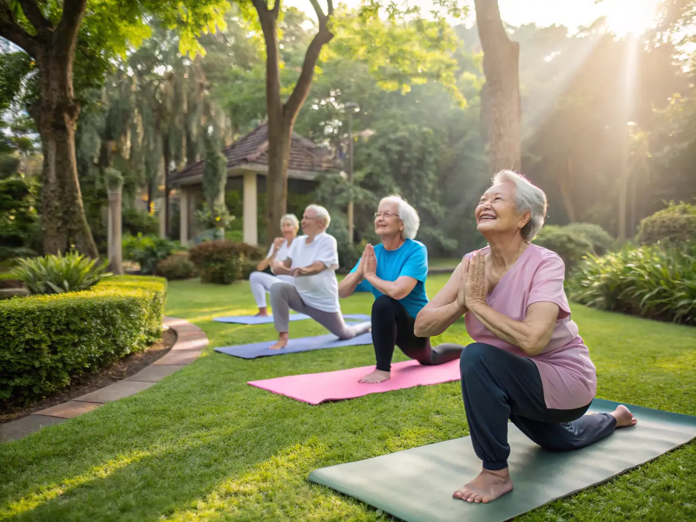 A group of seniors participating in a gentle yoga class in a park, emphasizing flexibility and relaxation.