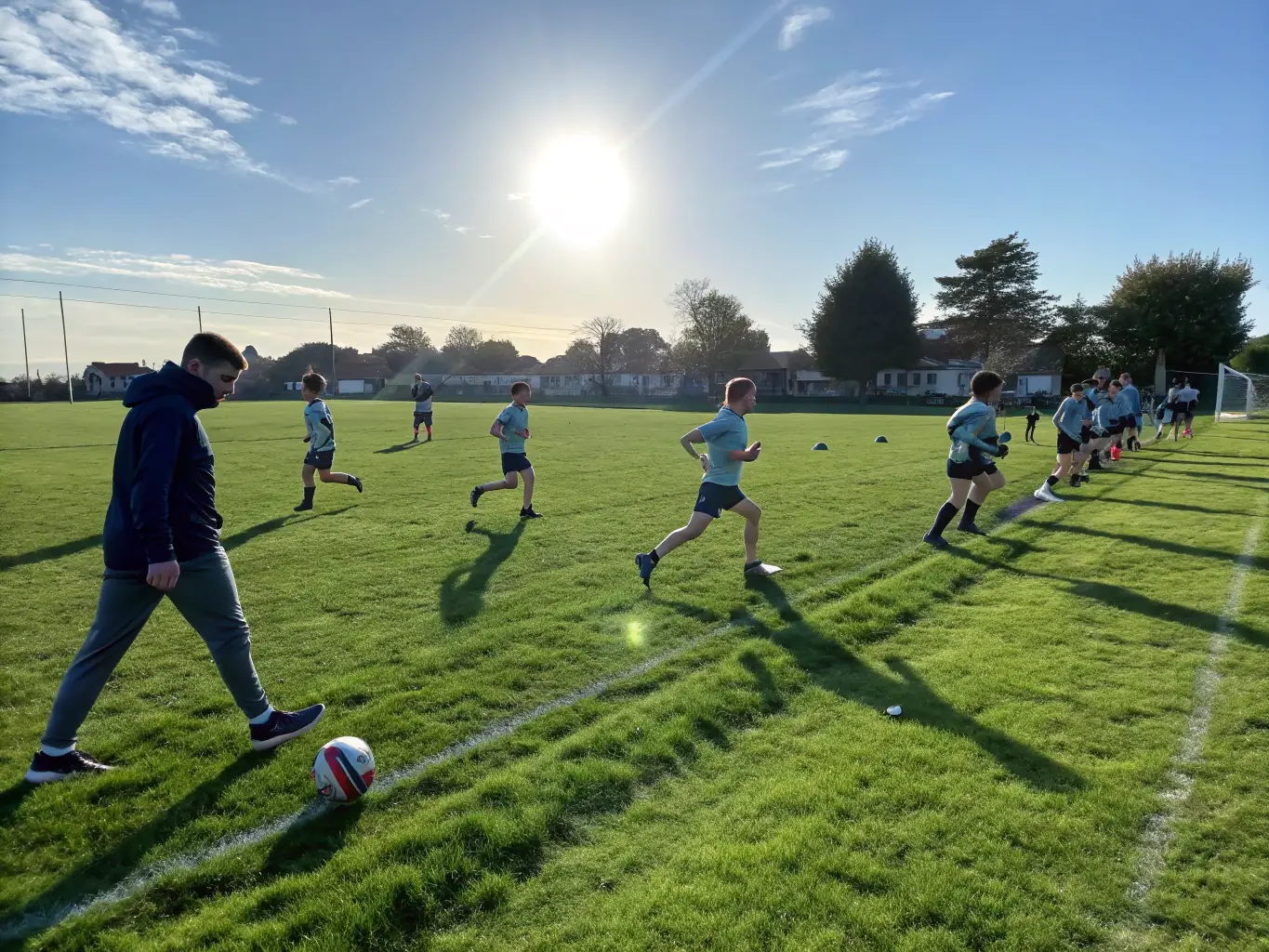 A group of children participating in a soccer training session, focusing on teamwork and skill development, set against a backdrop of a sunny, green field.