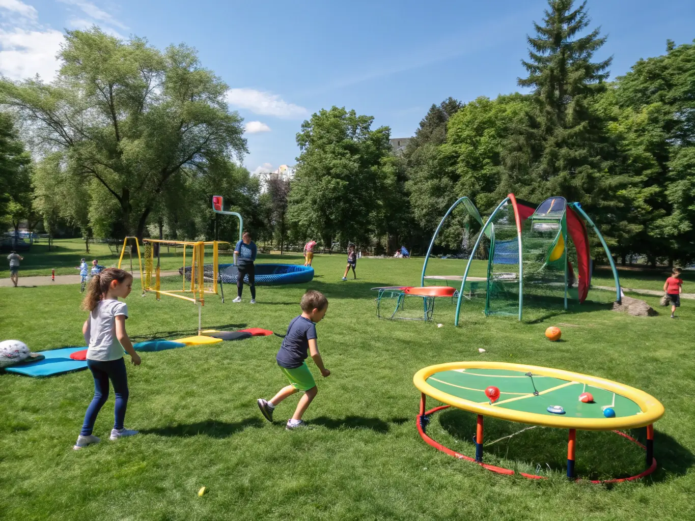 Children playing various recreational games in a park, highlighting fun and active lifestyles.