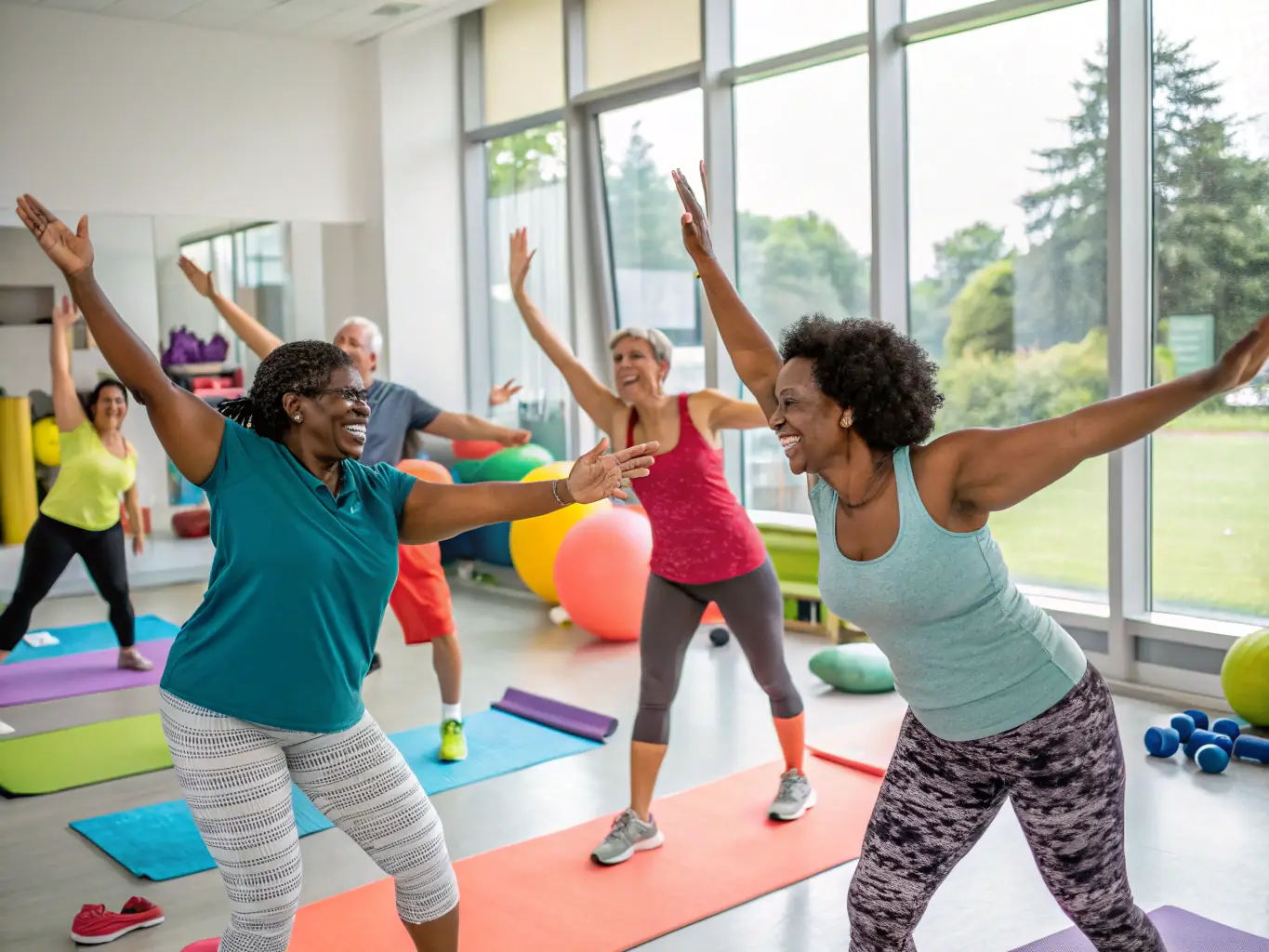 A diverse group of adults participating in a fitness class, led by an instructor, showcasing various exercises and promoting a healthy lifestyle.