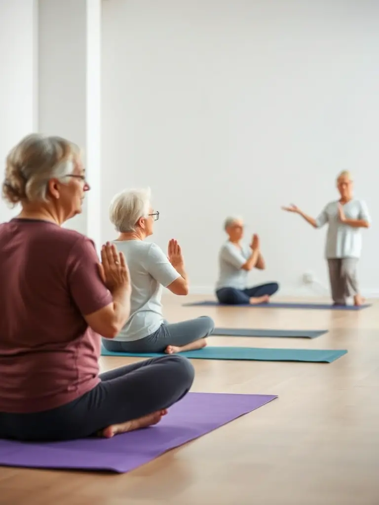Seniors participating in a gentle yoga class outdoors, highlighting the health and well-being benefits for older adults at BRIVE FORM'CLUB.