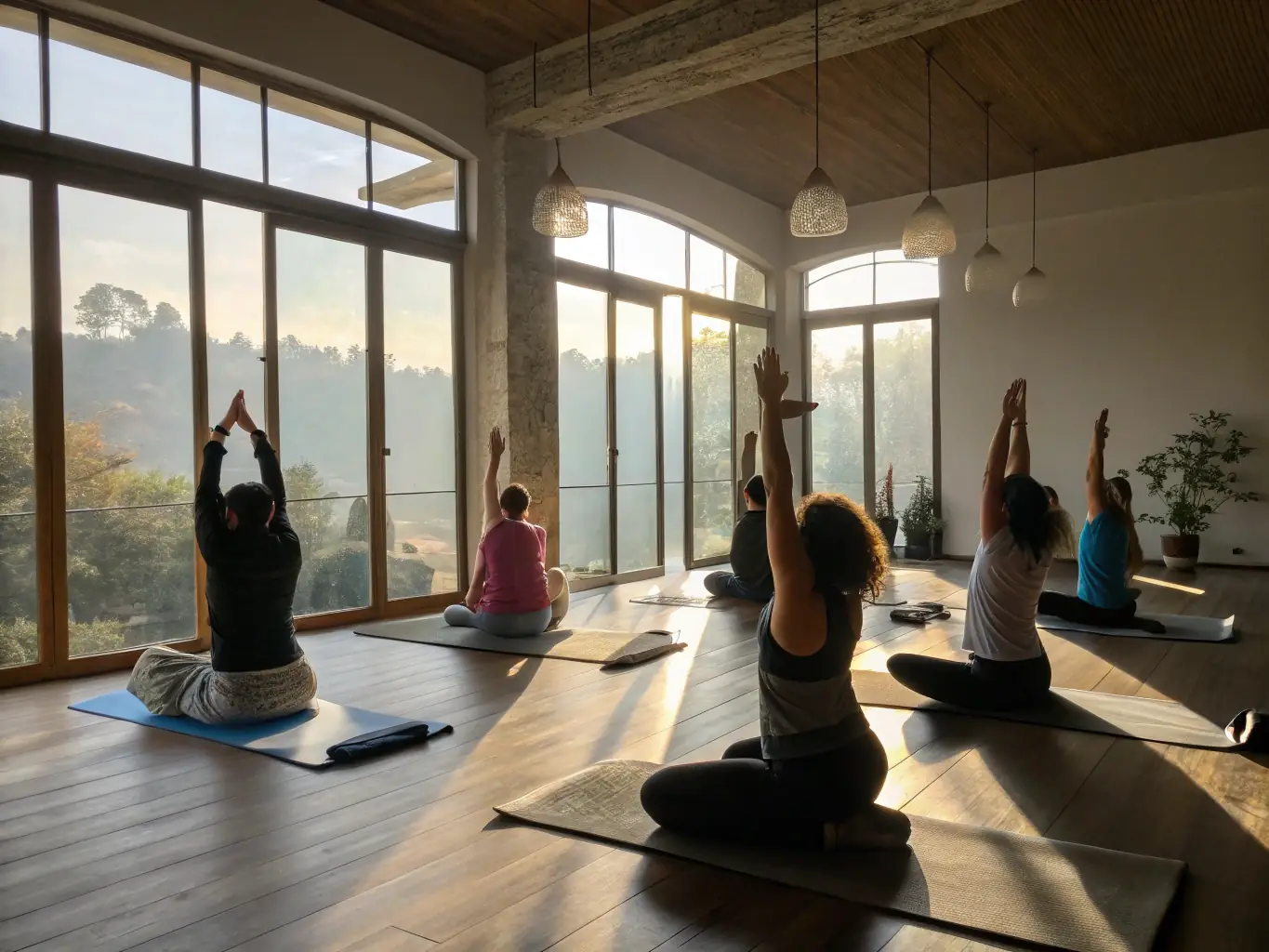 A diverse group of people participating in a yoga class in a bright and airy studio, focusing on flexibility and mindfulness.